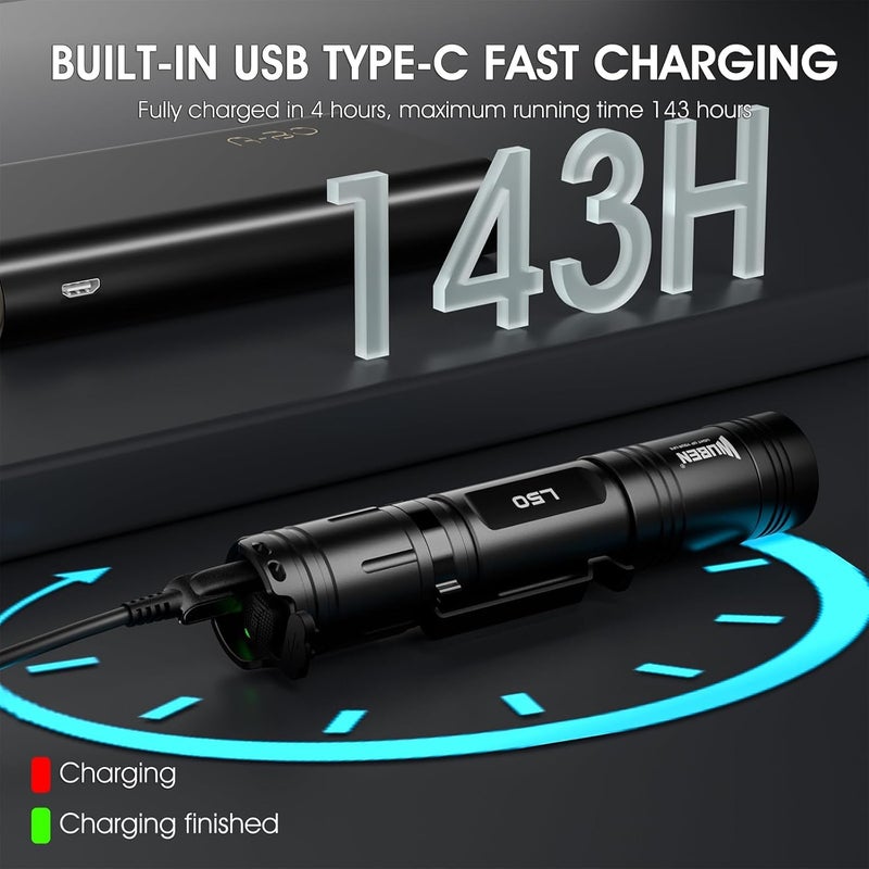 WUBEN مصباح يدوي قابل لإعادة الشحن WUBEN L50 – 1200 لومن، مصباح LED تكتيكي، 5 أوضاع، مقاوم للماء IP68، ضوء محمول للاستخدام في التخييم، الطوارئ، المشي لمسافات طويلة والاستخدام المنزلي - Image 4